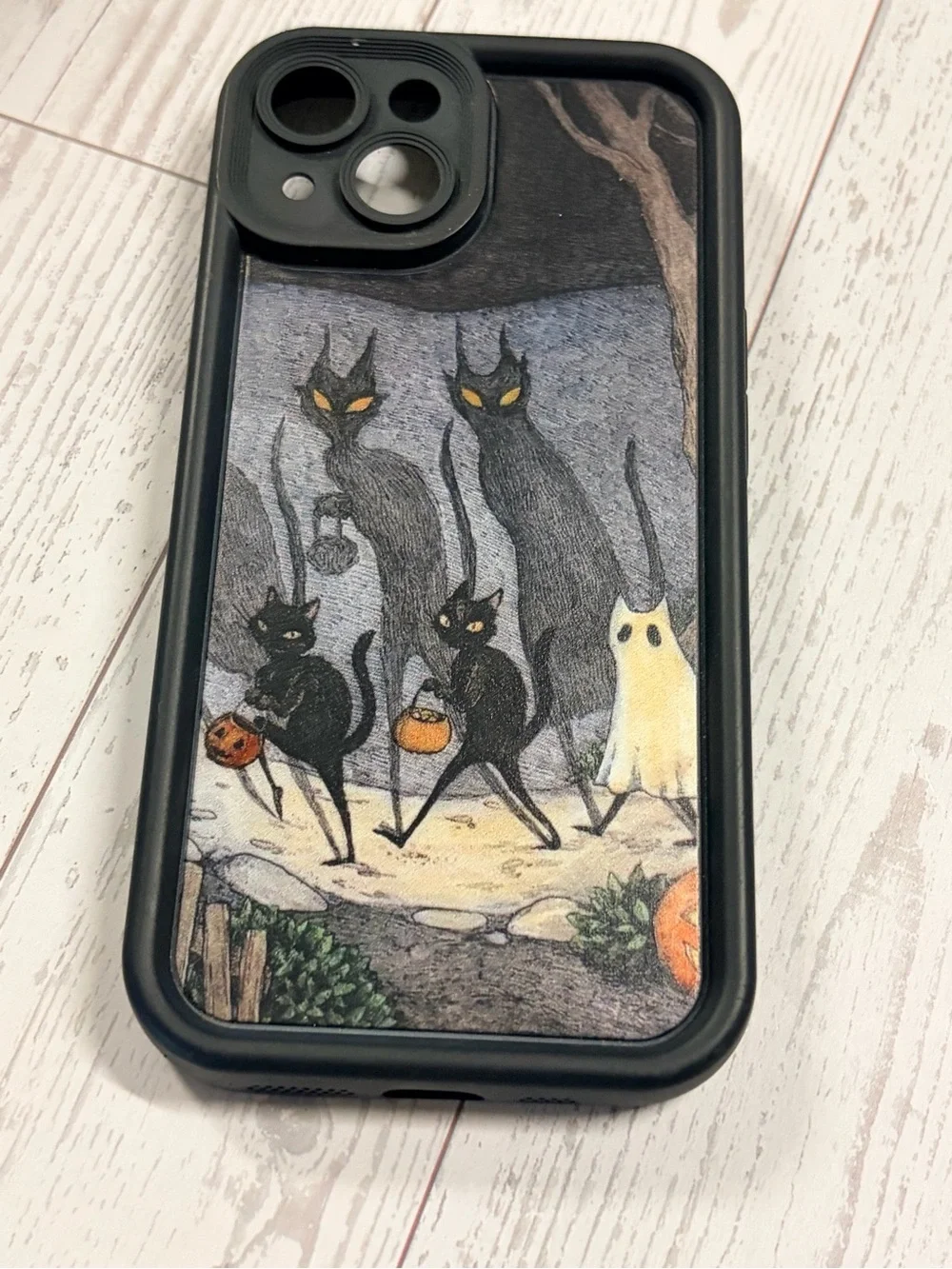 Retro vintage look Halloween Cat & Ghost iPhone Case - Black Frame